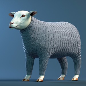 A knitted sweater dress for a sheep with Ridged Feather pattern