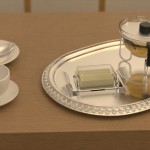Tableware with complex specular transport, lit by the chandelier